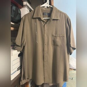 Nat Nast 100% Silk Camp Shirt Olive Green Embroidered Panel Large